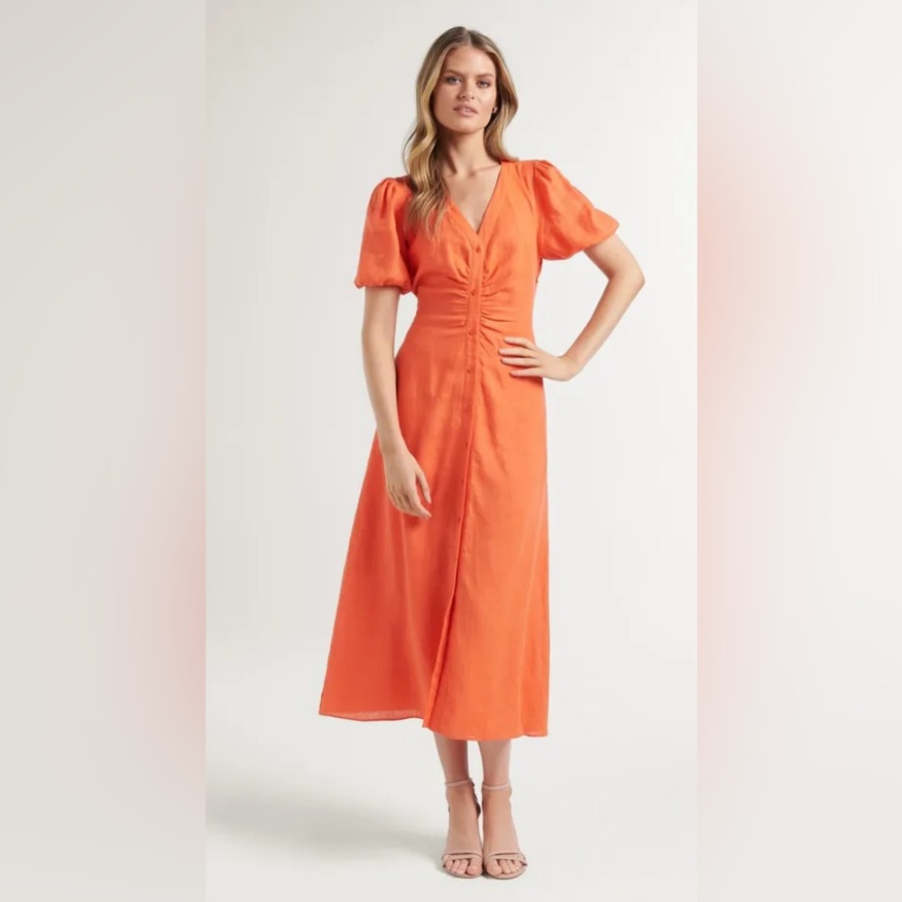 NWT Evernew Orange Short Sleeve Button down Maxi Open back 53%Linen/47%Viscose